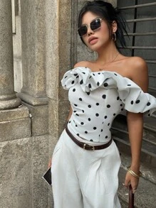 INAWLY Áo nữ thời trang in họa tiết chấm bi một bên vai nhún bèo - trắng - Xem 3