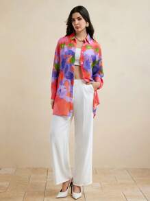 Eva Novielli Colorful Floral Printed Transparent Chiffon Long Oversized Shirt Women Summer Vacation Casual - Multicolor - View 4