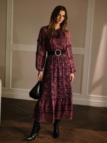 MOTF PREMIUM CHIFFON ALLOVER FLORAL PRINT FRILL TRIM TIE NECK LANTERN SLEEVE RUFFLE HEM DRESS