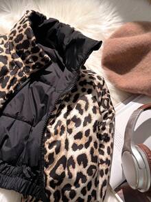 SHEIN Tween Girls Reversible Leopard Print Black Zip-Up Long Sleeve Padded Coat Fall Winter - Black - View 5