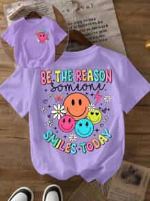 Glissea Camiseta casual de manga corta con cuello redondo, estampado de lema y rostro para mujer de talla grande - Púrpura malva - Ver 1