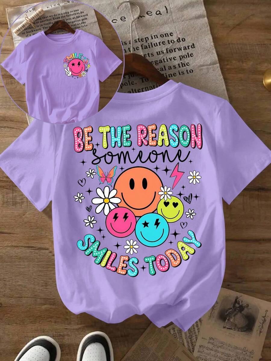 Glissea Camiseta casual de manga corta con cuello redondo, estampado de lema y rostro para mujer de talla grande - Púrpura malva - Ver 1