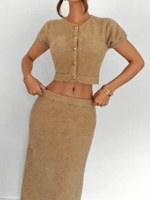 Siren Gaze 秋季女装商务休闲女士办公室服装 2025 新款棕色毛绒针织两件套，女士短袖纽扣上衣和长款针织裙套装，适合工作/办公室日常通勤，秋季服装女士优雅复古风格毛衣套装 - 棕色 - 查看 3