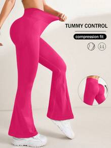 SHEIN Sports High Waist Slimming Flare Yoga Pants - Hot Pink - View 3