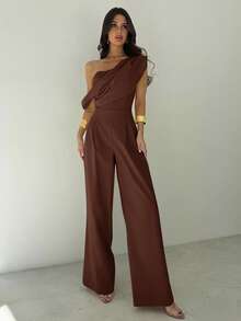 Firerie 女士优雅杏色连体裤，端庄不对称领口垂坠露肩连体裤，阔腿连体裤，舒适无袖连体裤，适合春夏秋冬，沙滩装，机场装，度假装，教师装 - 咖啡棕 - 查看 6