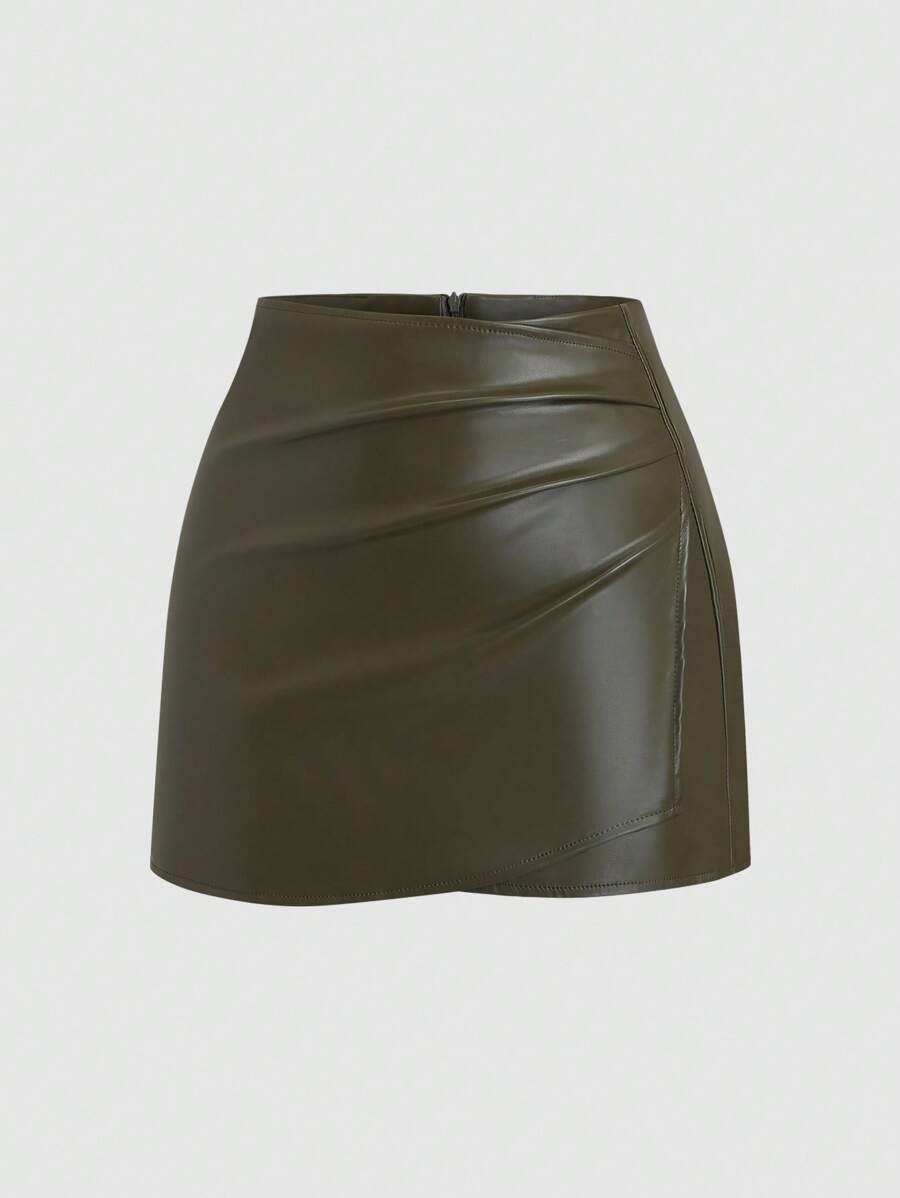 Sweetra 女式复古美式性感紧身迷你裙，PU 皮革，纯黑色，四季皆宜 - 綠色 - 查看 1