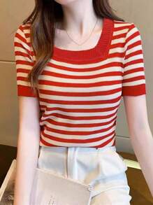 EMERY ROSE Striped Knitted Top, Suitable For Daily Wear In Summer For New Year Clothes - Red - View 3