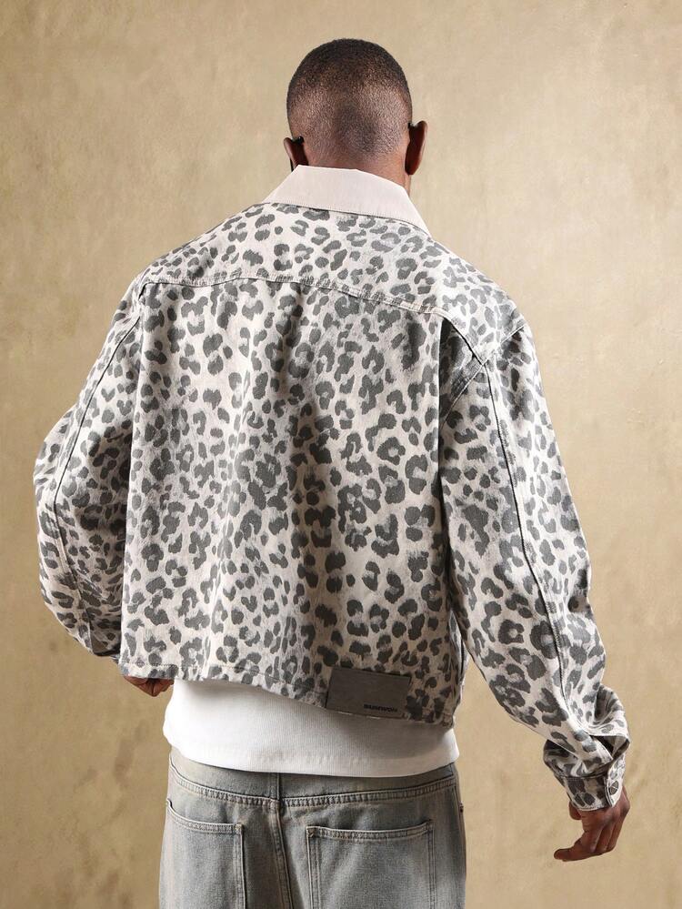 Leopard Print Denim Jacket With Zip Front And Contrast Collar