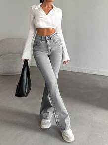 SHEIN Tall 98%Cotton High-Waist Original Boot Cut Jeans Tall - Grey - View 6