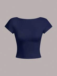 Navy Blue Women's Padded Backless Sexy Crop Top Tee, Suitable For Summer - Multicolor - View 6