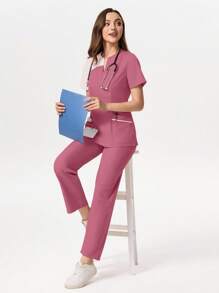 TaskEZ Conjunto de uniforme de pijama médico con cuello en contraste, bolsillo y manga corta - Rosa Oxidada - Ver 6