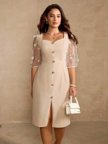 Roveilla Đầm midi ôm sát tay ngắn màu mơ thanh lịch cổ vuông xẻ tà phía trước cho nữ cỡ lớn - Màu be - Xem 7