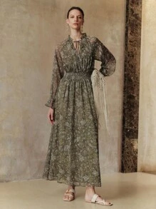 Arave 编织花卉印花圆领荷叶边饰 V 领长喇叭袖优雅休闲户外通勤度假女士连衣裙，春夏秋季 - 綠色 - 查看 5