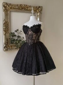 Lovelzi Elegante, romántico, de moda, de malla, negro, tela de encaje, espina de pescado, adecuado para vacaciones, discoteca, fiesta, resort, fiesta de cóctel, registro, vestido de gala, Día de San Valentín - Negro - Ver 3