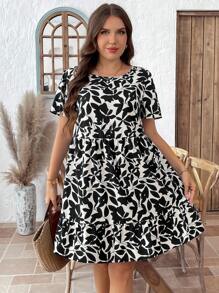 SHEIN LUNE 大码夏季休闲全身印花圆领荷叶边下摆连衣裙毕业礼服 - 黑色 - 查看 5