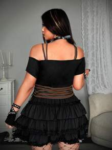 Whyspr Plus Size Summer Fashion Contrast Stripe Patchwork Off-Shoulder Camisole T-Shirt - Coffee Brown - View 2