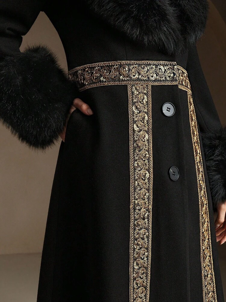 Autumn/Winter Unique Slimming Faux Fur Collar Flared Hem Coat, Elegant Outerwear