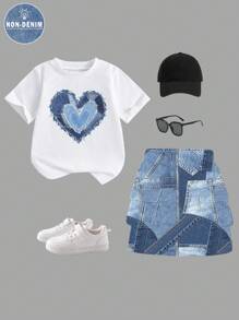 SHEIN Tween Girl Casual Heart Graphic Short Sleeve Round Neck T-Shirt Paired With Cargo Skirt Set, Suitable For Summer 2pc Set Girls Teen Girl Clothes Kids Skirt And T-Shirt Set - Multicolor - View 3
