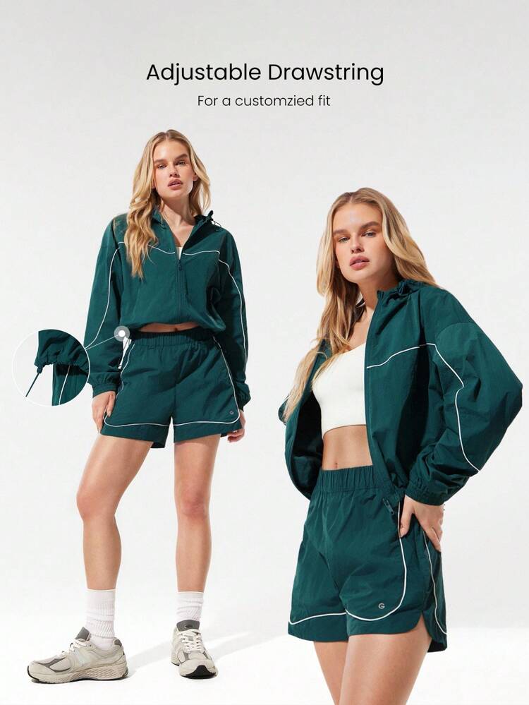 軽量コントラストパイピング調整可能なエラスティックバンド付きウインドブレーカーパーカージャケット、中程度のインパクトのランニング、ジョギング、ハイキング、ジム、スタジオ、デイリーカジュアルウェア