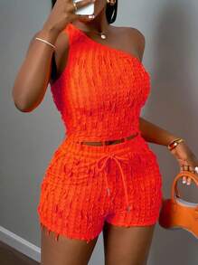 Slaydiva Set de 2 piezas Nuevo conjunto informal de vacaciones con top asimétrico ajustado y shorts de textura para mujer talla grande, primavera/verano, conjunto de 2 piezas de verano - Naranja - Ver 7