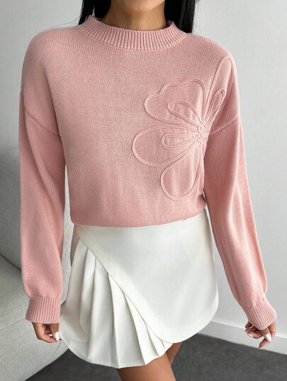 EURMUSE Women's Solid Color Round Neck Dropped Shoulder Floral Pattern Casual Loose Sweater Pink Sweater Pullover For Women 3d Flower Top