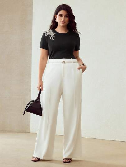 MOTF PREMIUM 大码纯色斜口袋前缝腰带阔腿裤