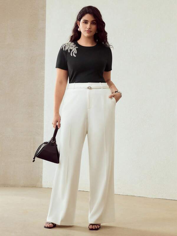 MOTF PREMIUM 大码纯色斜口袋前缝腰带阔腿裤