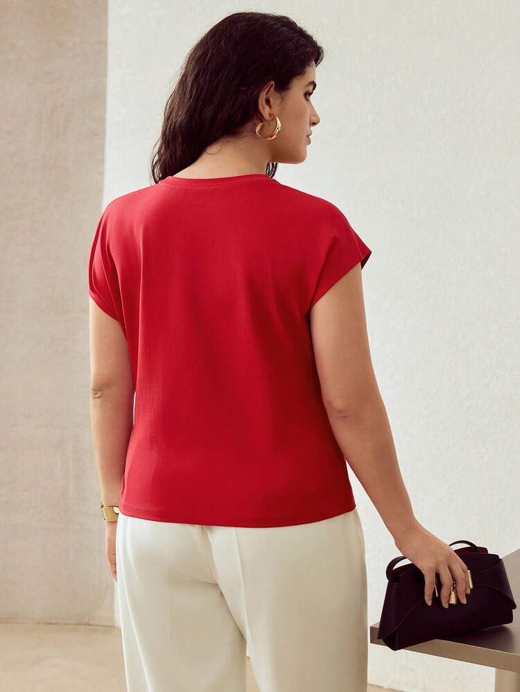 MOTF PREMIUM 大码蝙蝠袖纯色结饰侧边T恤 - 紅色 - 查看 3