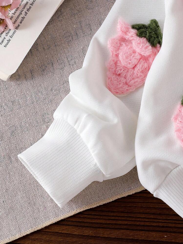 Elladie kids 2 件套女婴休闲草莓印花长袖运动衫和裤子套装，秋季可爱服装 - 白色 - 查看 4