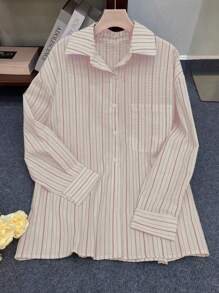 INAWLY 女士标准尺寸休闲度假条纹长袖衬衫 - 粉色 - 查看 4