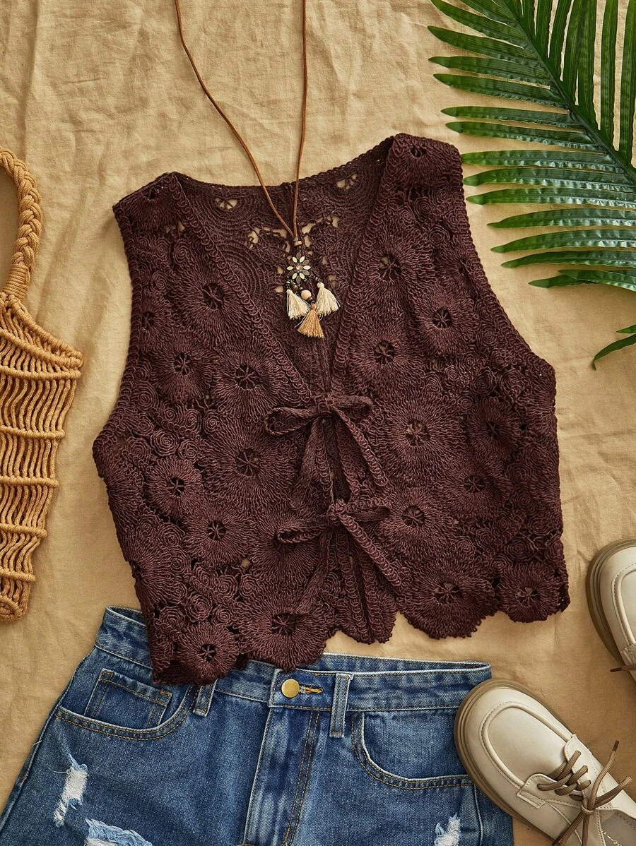 Travachic Áo khoác ngắn dệt kim màu nâu dáng suông với chi tiết viền lượn sóng và cổ chữ V dành cho nữ mùa thu đông, áo móc len nữ, áo ren nữ, áo ren màu nâu, áo phong cách Boho nữ, áo móc len màu nâu, phong cách kỳ nghỉ nhiệt đới, Bohemian, Ibiza, phong cách miền Tây. - màu nâu - Xem 1