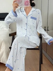 女士竖条纹爱心印花纽扣上衣和裤子睡衣套装，秋冬条纹睡衣爱心印花睡衣套装女士纽扣睡衣套装 - 淺藍色 - 查看 5