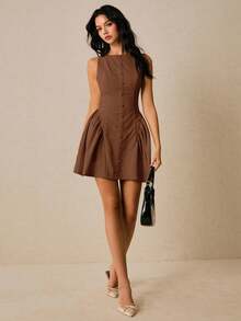 Poéselle Váy ngắn hở lưng màu trơn thanh lịch dành cho nữ, mùa hè - màu nâu - Xem 6