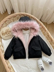 SHEIN 女宝宝可爱百搭保暖内衬连帽毛领夹克，秋冬 - 彩色 - 查看 3