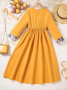 Tween Girls Yellow Geometric Print Patchwork Fringe Dress - Yellow - View 2