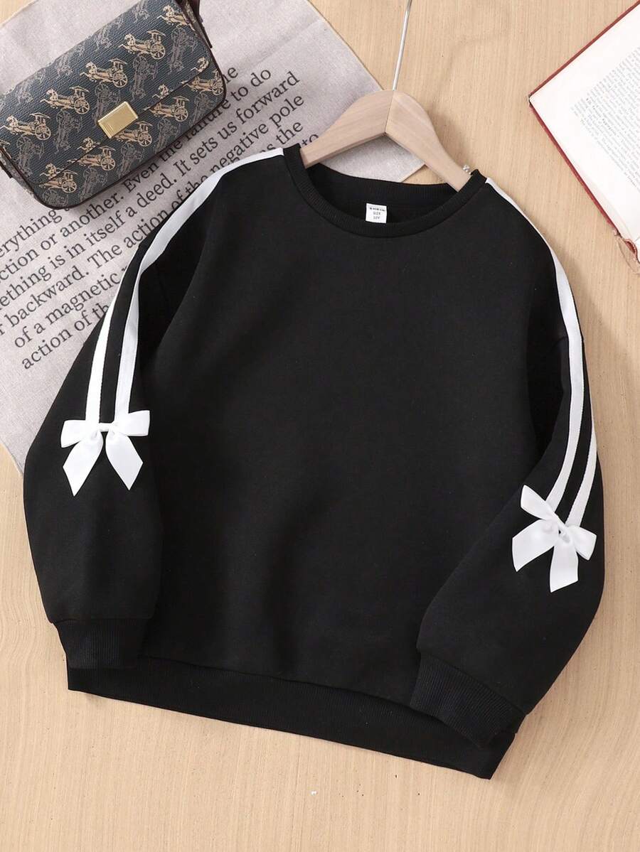 秋冬款少女休闲可爱甜美圆领蝴蝶结袖黑色卫衣 - 黑色 - 查看 1