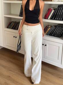 SHEIN EZwear Quần ống rộng dài thường ngày màu trắng có chi tiết khóa cài cỡ lớn cho nữ - trắng - Xem 5