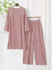 Rusticease Women Solid Color Round Neck Short Sleeve Top And Flower Print Wide Leg Pants Set For Summer Two Pieces Outfits - Pink - View 2