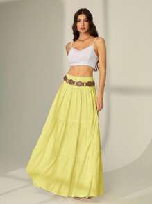 SHEIN Tall Damen einfarbiger Skirt mit geraffter Taille und Rüschensaum in Gelb - Gelb - Übersicht 3