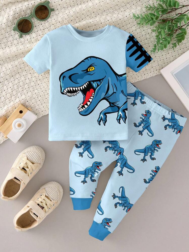 Baby Boy Casual Slim Fit Round Neck Comfortable Short Sleeve Pants Pajamas, Suitable For Spring & Summer - Multicolor - View 2
