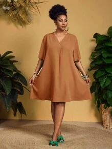 Slaydiva 新款优雅休闲/商务休闲女式短袖雪纺V领宽松荷叶袖连衣裙，秋季女装 - 棕色 - 查看 6
