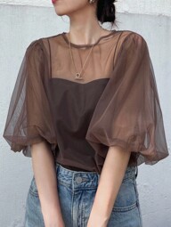 FRIFUL Women's Solid Brown Round Neck Puff Sleeve Sheer Mesh Loose Casual Layering Top