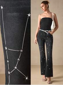 SHEIN Essnce 女士牛仔裤 - Selenza 星座系列，优雅系列，金牛座刺绣图案，优雅通勤休闲装，星空图案，治愈系，意志坚强，热情，友善，有责任感 - 藍色 - 查看 1