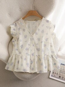 CosyJoli 大码夏季休闲百搭刺绣荷叶边粉色女衬衫