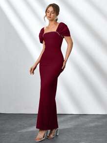 Elegant Style, Square Neck With Faux Diamond Detailed Long Black Dress - Burgundy - View 4