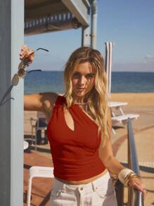 Aralina Women's Casual Vacation Asymmetrical Neck Sleeveless Top - Red - View 8
