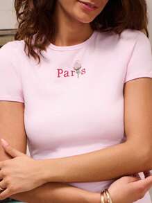 lacRébo Fitted Pink Short Sleeve Tshirt With Embroidered Paris Design Women Graphic Tee Paris Slogan Tee Back To School Spring Summer Tee - Pink - View 2
