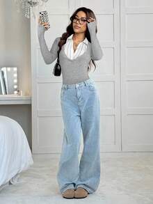 SHEIN EZwear 女士二合一灰色纽扣半襟针织连体衣