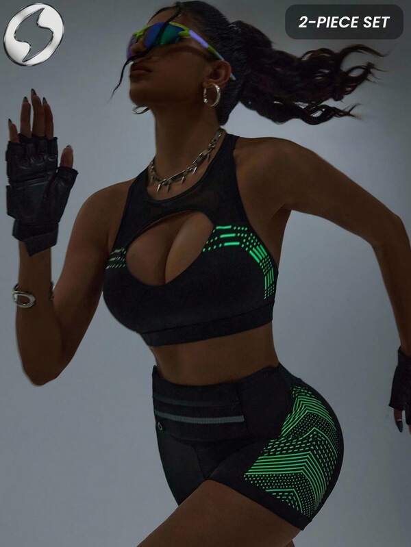 Innovista Buttery Soft Night Run Workout Sports Leggings High Waisted Daily Athleisure Yoga HIIT Training Clothes Office To Gym High Stretch Tights Activewear Fall Comfort Movement Functional Mesh Panel Breathable Cut Out Top & Squat Proof Shorts, Rave Set, Women Athletic Set Gala Night New Year Glamour Utilitarian Chic, Green Neon Highlights