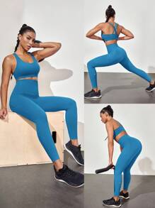 GLOWMODE 24 英寸 CoreHold FeatherFit™-Sculpt CoreHold 防滑贴身塑形无前缝紧身裤，带侧袋，中等强度健身慢跑健身房训练 - 漫遊藍 - 查看 9